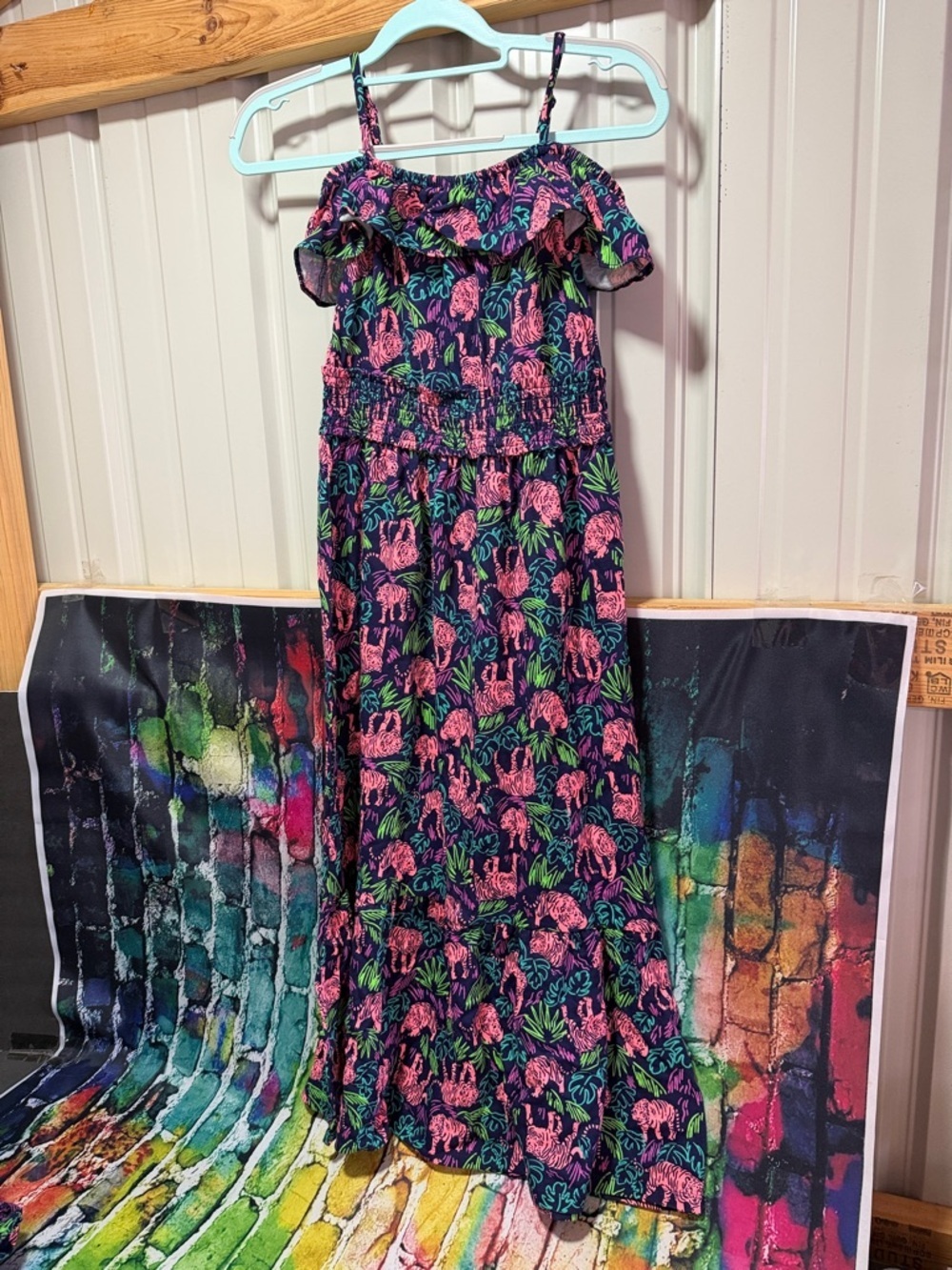Cat & Jack Navy Maxi Dress with Pink and Green Floral Print/ tiger